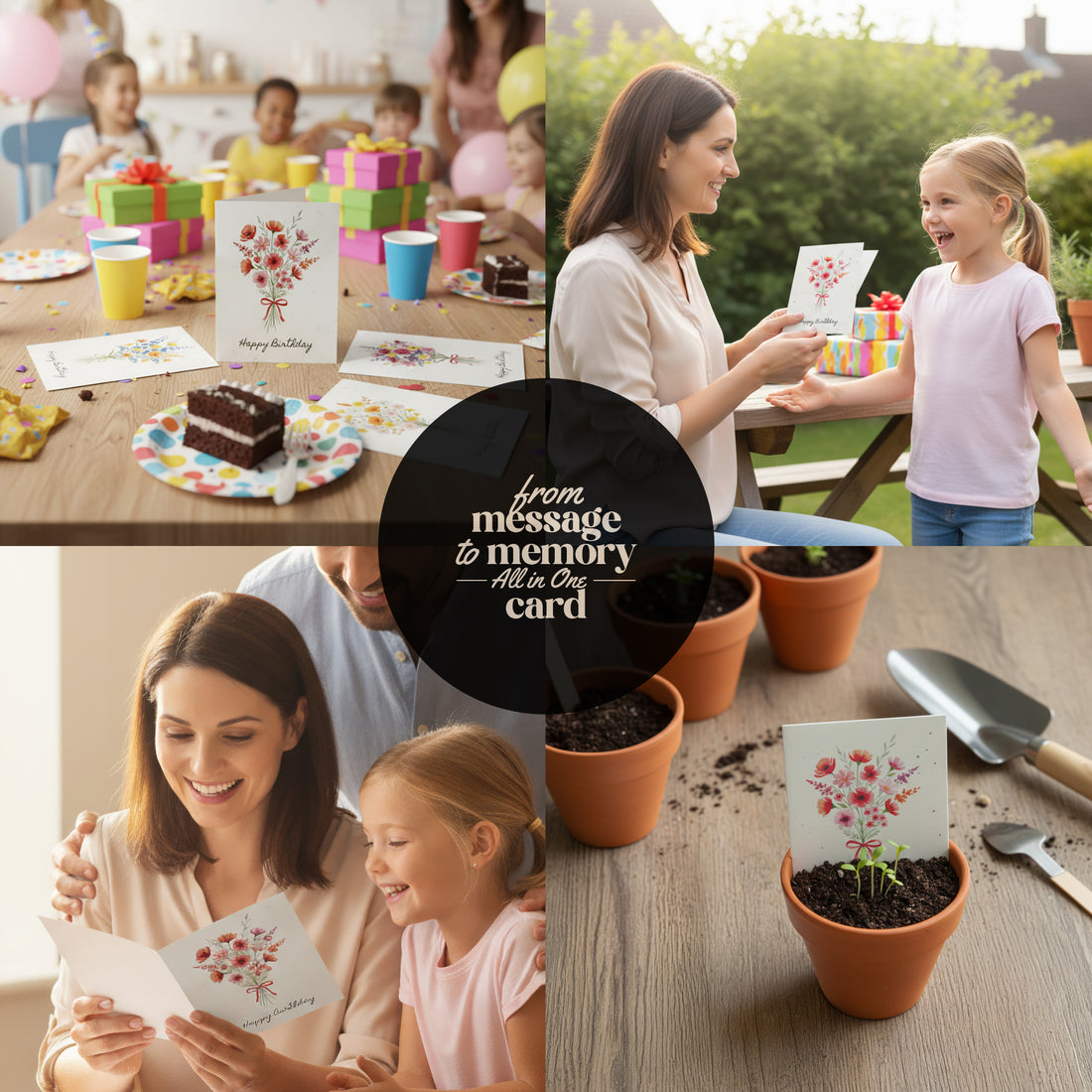 A collection of images featuring a mother and daughter planting flowers, highlighting their shared love for gardening