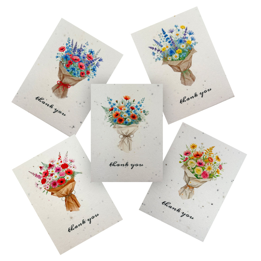 Four floral thank you cards displayed together, featuring vibrant flowers and a heartfelt message of gratitude