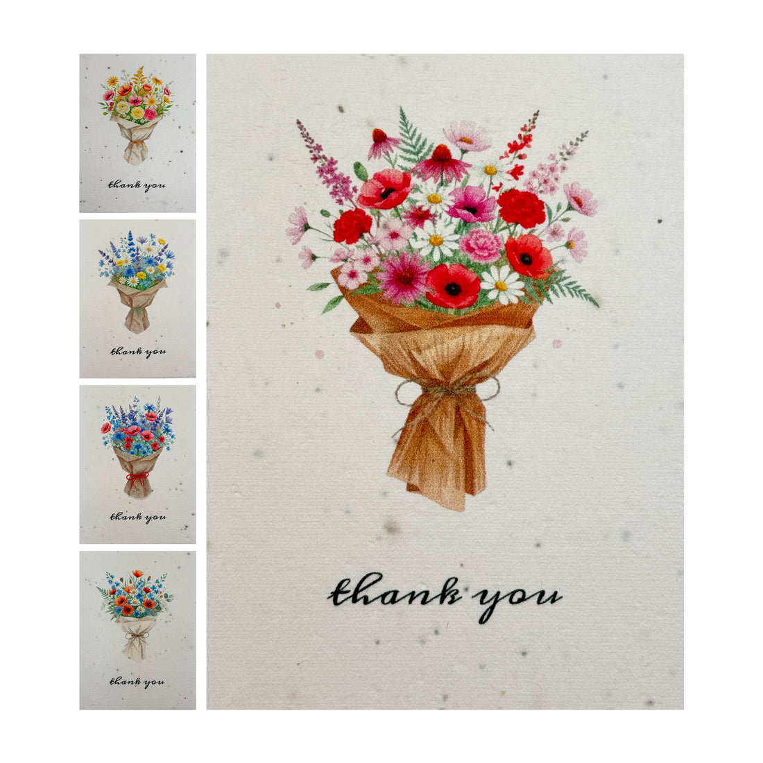 A collection of thank you cards adorned with vibrant flowers and leaves, labeled as Bloom Birthday Cards