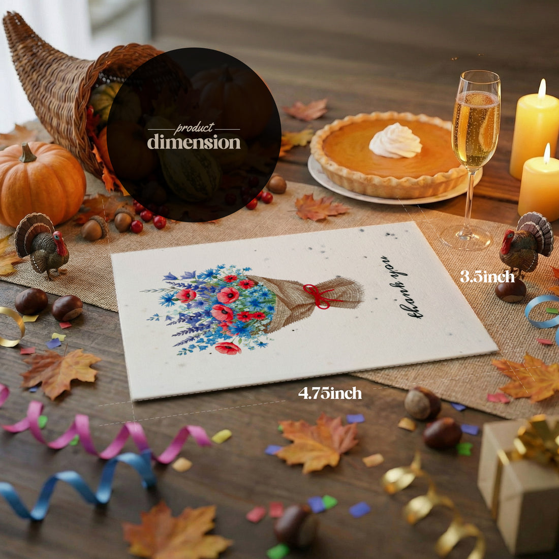 Thank you card displaying "Bloom Thank You Cards" with a floral design and festive autumn theme