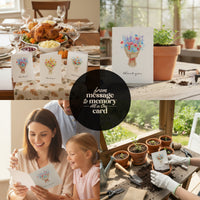 A collage of people at a table surrounded by flowers and plants, celebrating with Bloom Thank You Cards