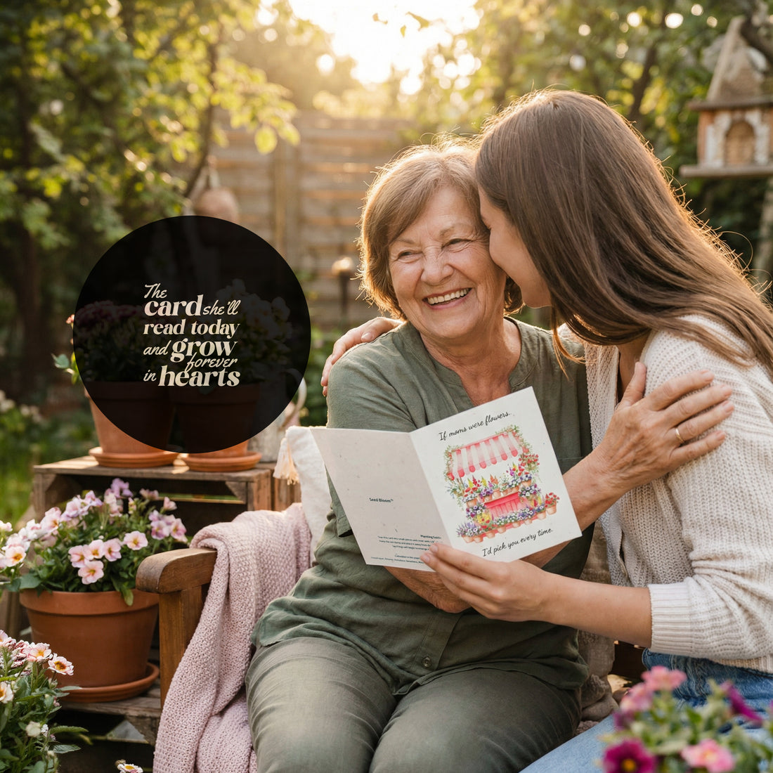 Two women sitting together in a garden holding the Mother&