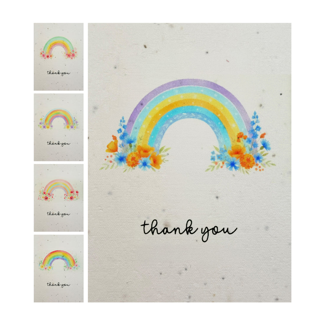 Bloom thank you cards featuring watercolor rainbow design with wildflowers in purple, yellow, blue, and orange tones, displaying handwritten &