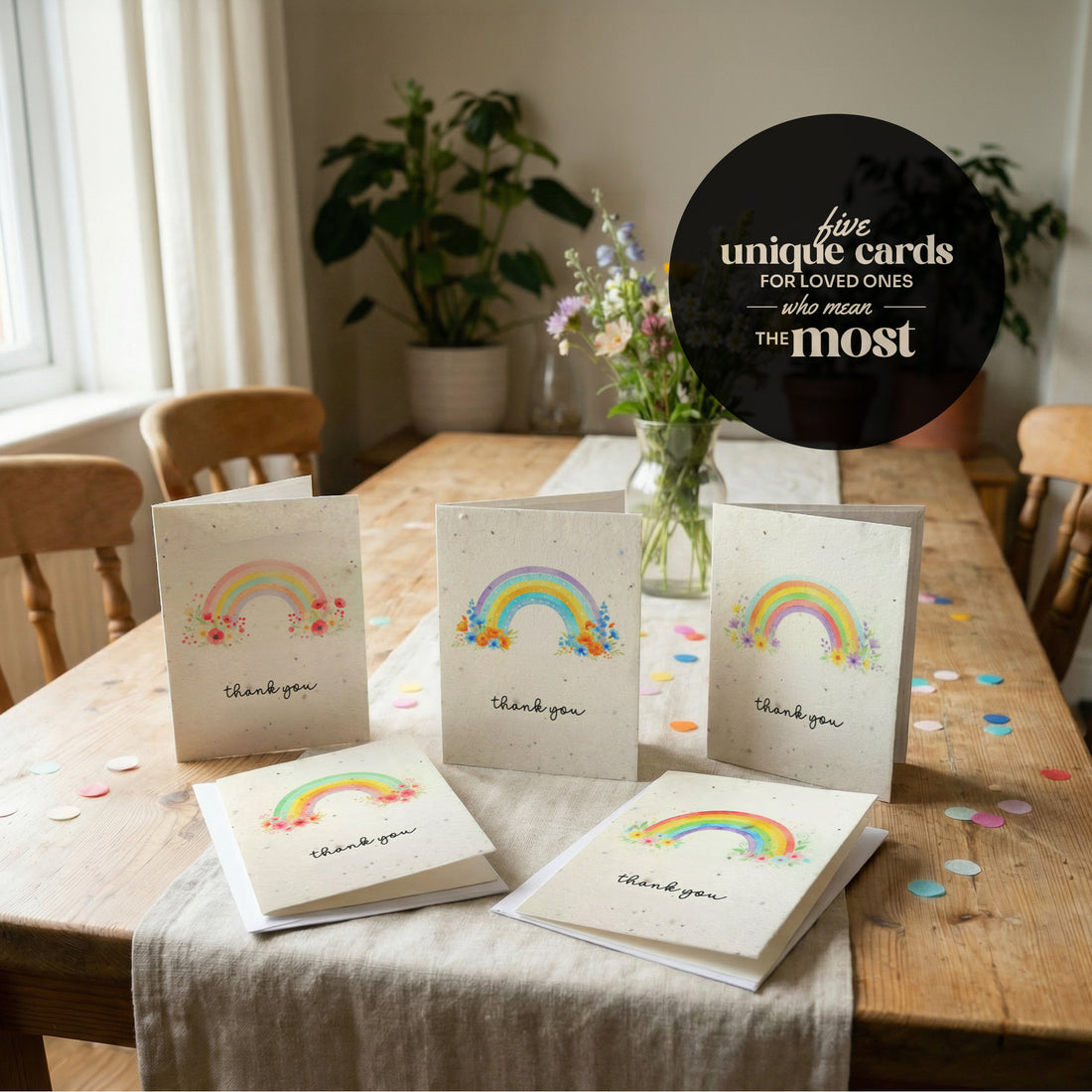 Seed paper thank you cards set featuring five unique watercolor rainbow designs with wildflowers in multiple color variations, displayed on wooden table with fresh flowers in glass vase