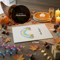 Seed paper thank you card with watercolor rainbow and wildflower design in Thanksgiving autumn setting, showing product dimensions of 4.75 x 3.5 inches