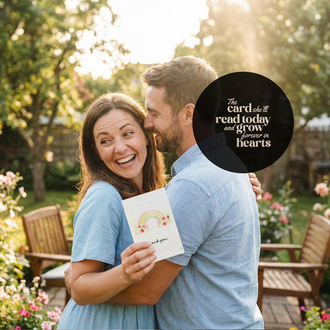 Couple holding seed paper thank you card with watercolor rainbow and wildflower design in outdoor garden setting, highlighting &