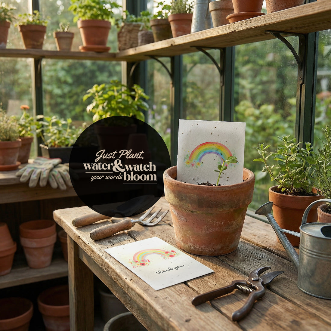 Seed paper thank you cards with watercolor rainbow and wildflower designs displayed in terracotta pot with growing seedling in garden greenhouse setting surrounded by plants and gardening tools, highlighting &
