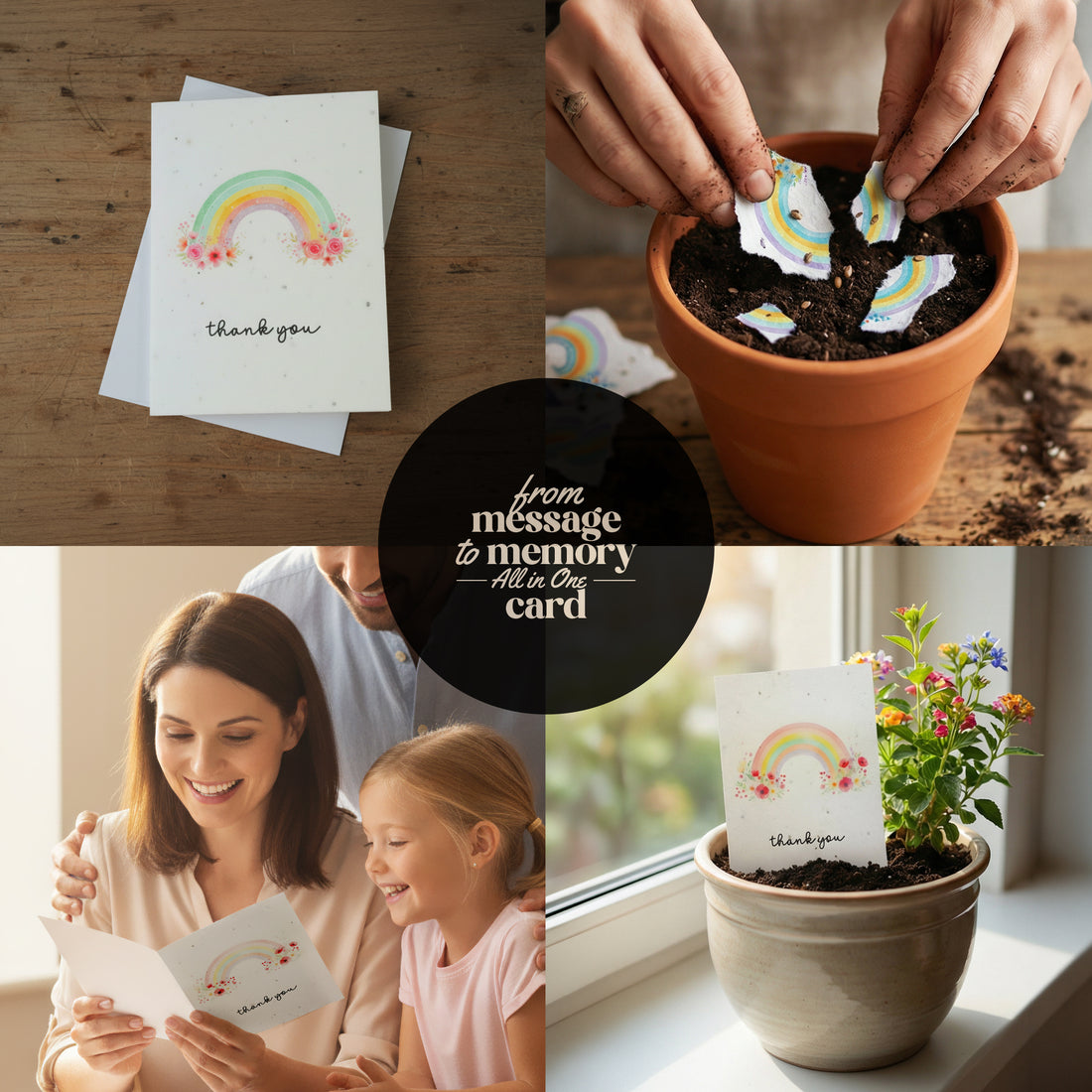 Seed paper thank you cards lifestyle collage showing watercolor rainbow wildflower design, cards being planted in terracotta and ceramic pots, mother and daughter sharing card together, and growing flowers from planted seed paper,