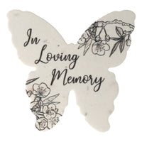 Butterfly-shaped memorial plantable favor by Seed Bloom Gifts with 'In Loving Memory' text and floral designs on a white background