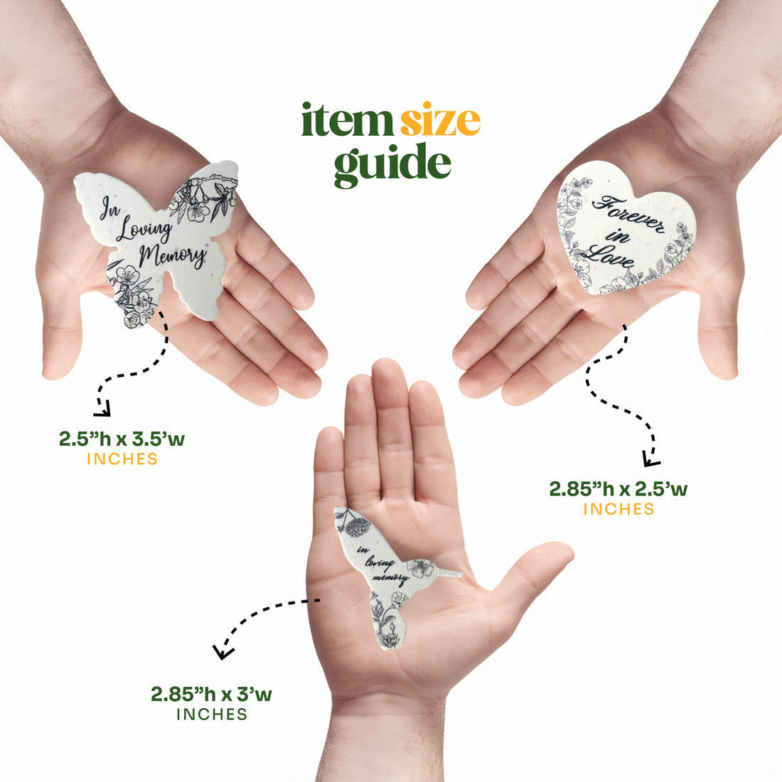 Size guide showing three heart-shaped memorials on hands with measurements by Seed Bloom Gifts