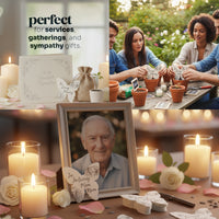 Collage of images related to services, gatherings, and sympathy gifts with candles and a photo frame by Seed Bloom Gifts