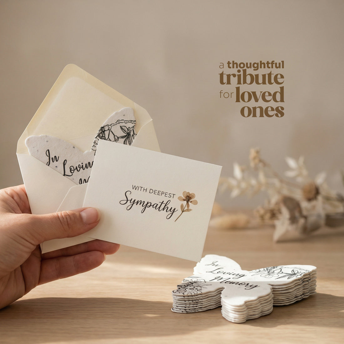 Hand holding a sympathy card with an envelope on a wooden surface, text &