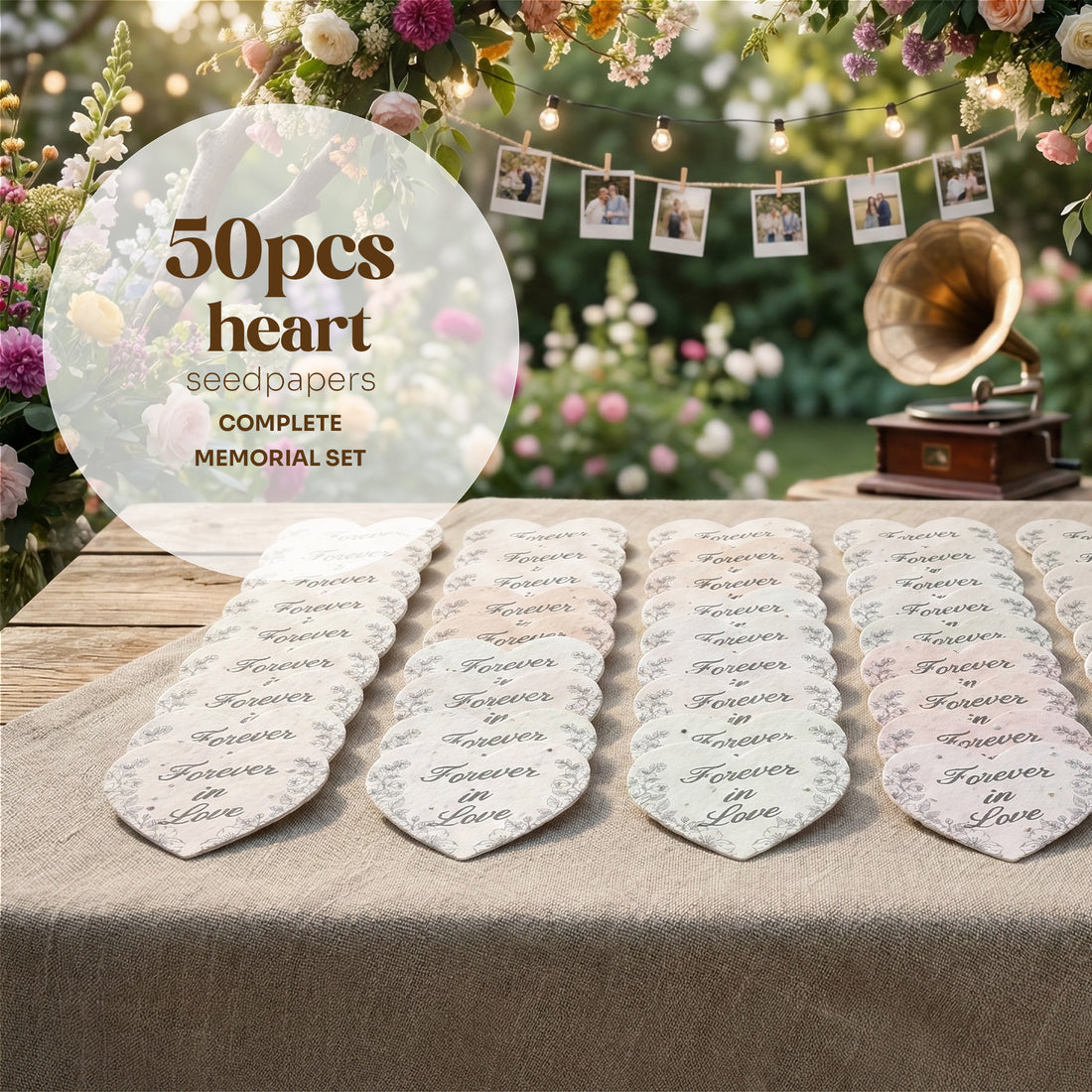 Heart-shaped seed paper packets on a table with decorative background by Seed Bloom GIfts