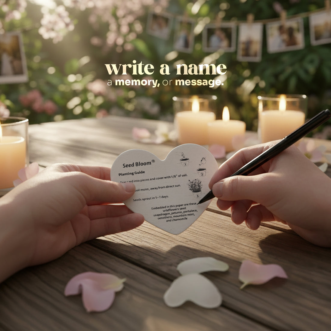 Heart-shaped plantable card with writing utensil on wooden surface with candles and blurred garden by Seed Bloom Gifts background