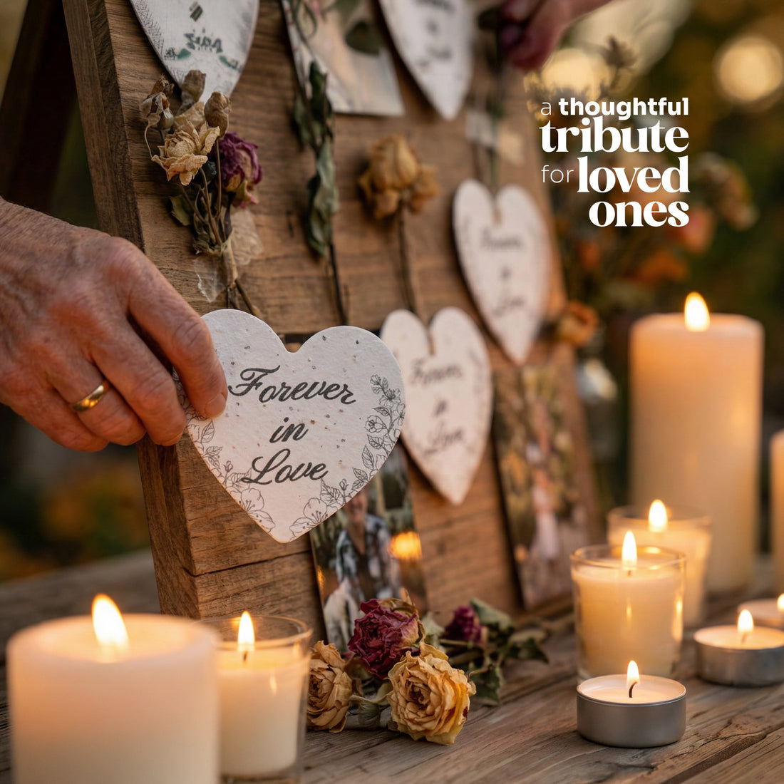 Memorial display with heart-shaped decorations and candles, featuring &