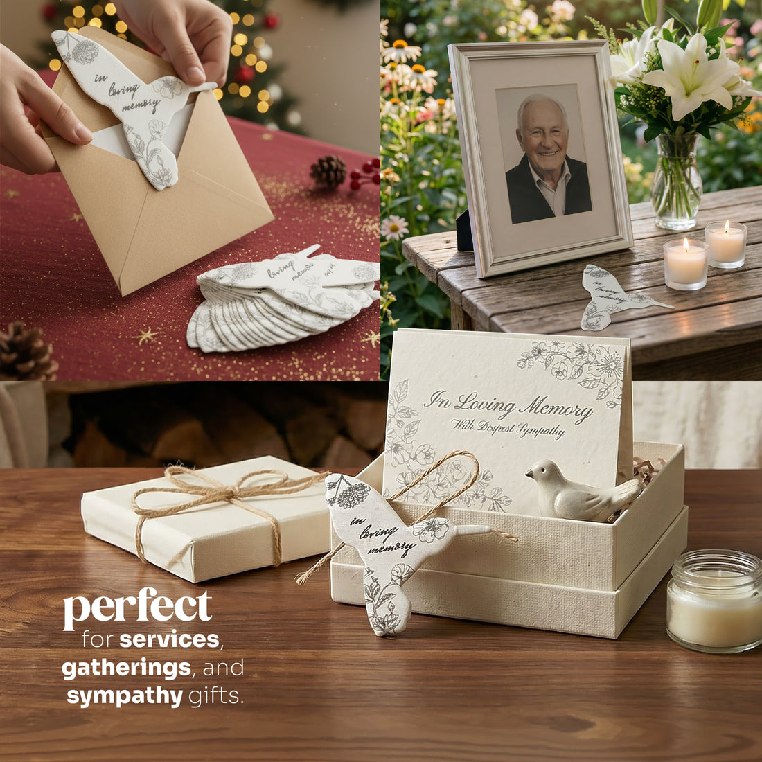 Memorial items including cards, a box, and a gift on a wooden surface with a Christmas tree in the background by Seed Bloom Gifts