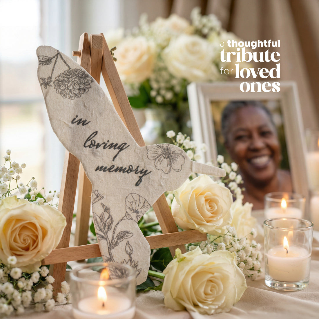 Memorial display with flowers, candles, and a photo of a smiling person in a frame.