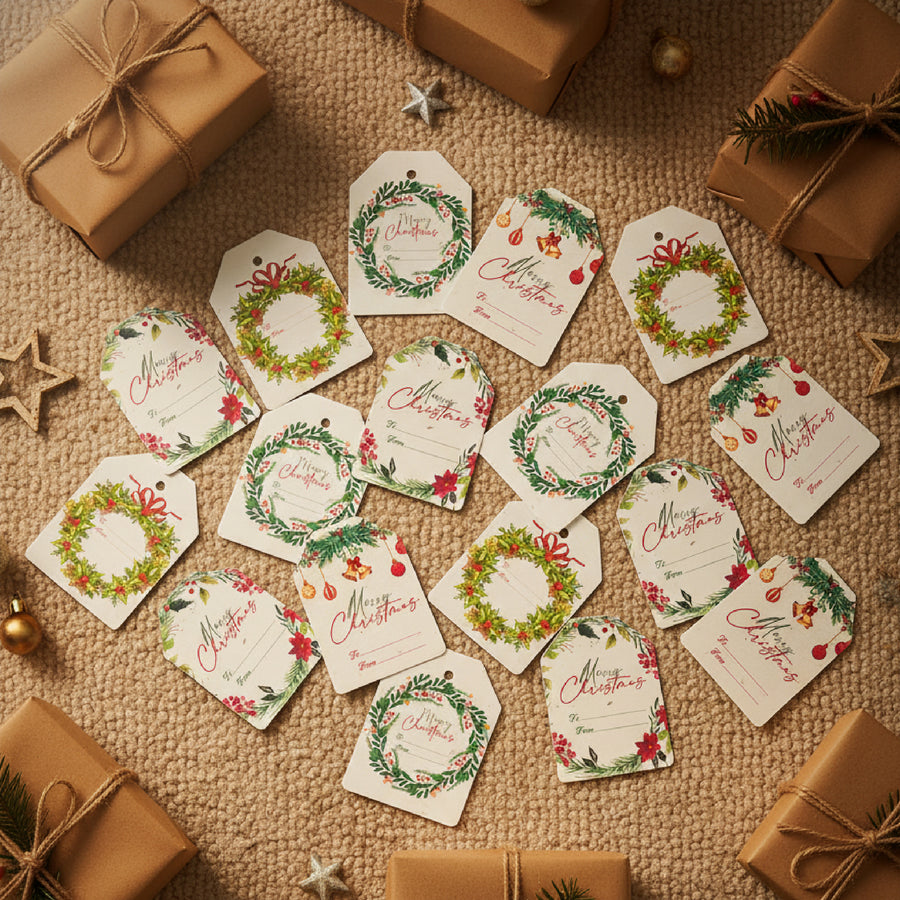 Scattered set of Christmas holiday gift tags by Seed Bloom Gifts. featuring four different "Merry Christmas" designs, surrounded by wrapped presents