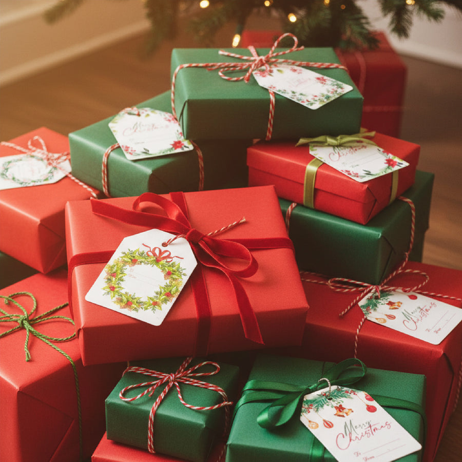 Detailed view of holiday gifts tied with ribbon and Christmas Holiday Gift tags by Seed Bloom Gifts. Featuring "Merry Christmas" messages, perfect for traditional wrapping.