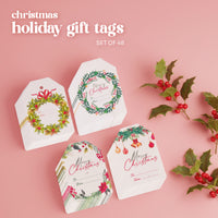 Set of Christmas holiday gift tags by Seed Bloom Gifts with wreath designs on a pink background