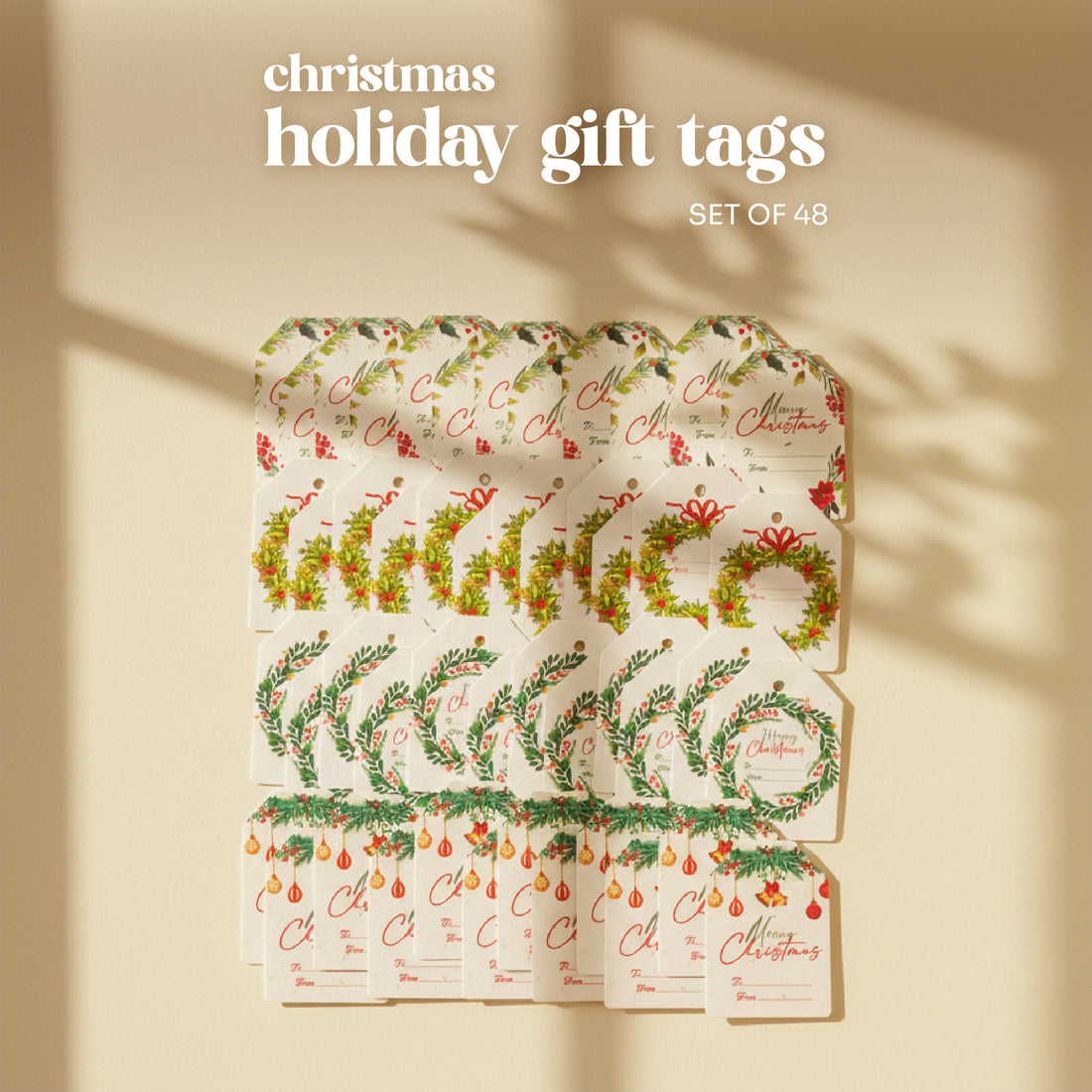 Large organized display of Set of 48 Christmas Holiday Gift tags  by Seed Bloom Gifts, with four holiday designs on a cream background,