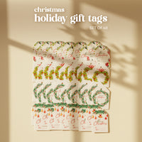 Large organized display of Set of 48 Christmas Holiday Gift tags  by Seed Bloom Gifts, with four holiday designs on a cream background,