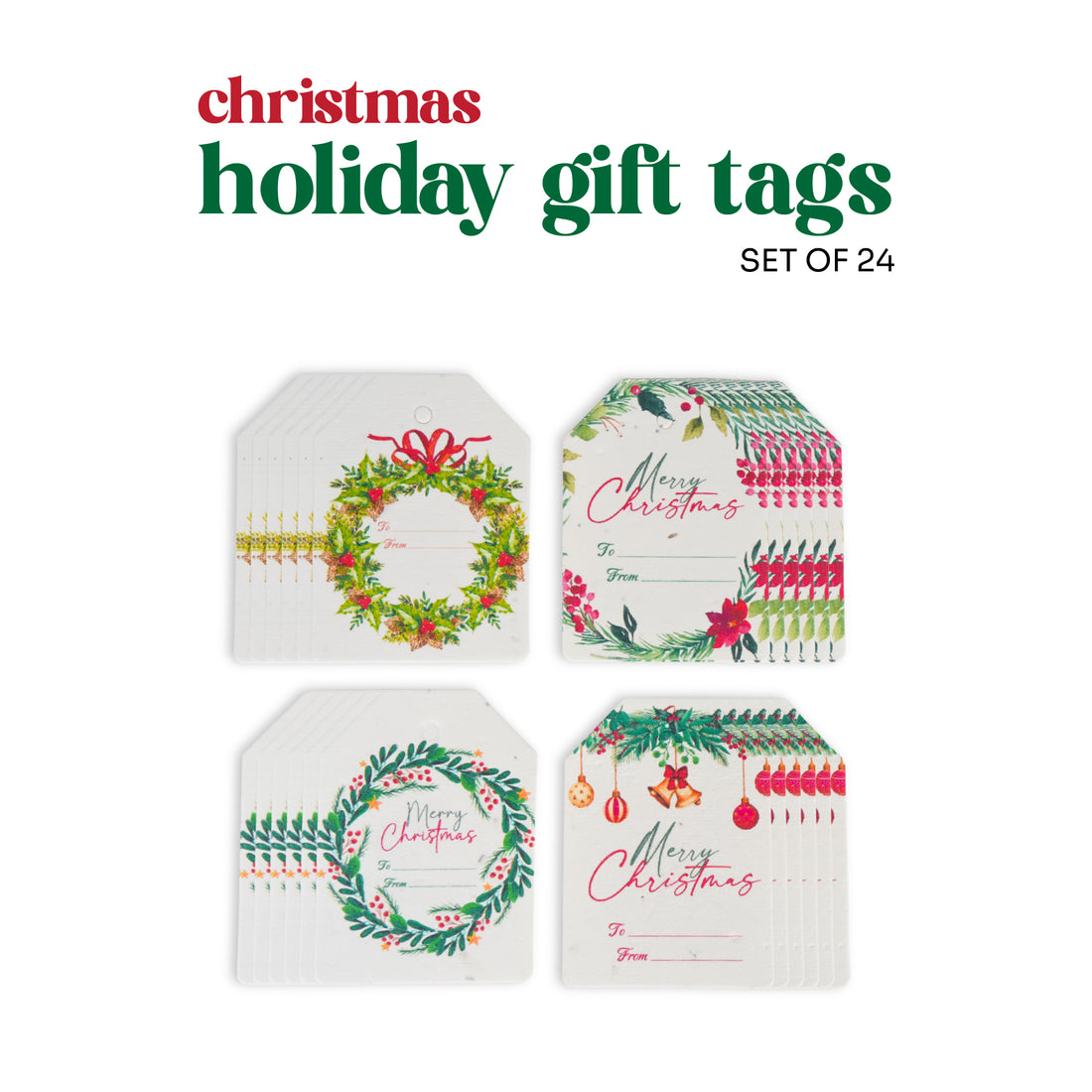 Full view of a Set of 24 Christmas Holiday Gift Tags by Seed Bloom Gifts. The designs include red and green wreaths, mistletoe, ornaments, and "Merry Christmas" text on white cardstock.