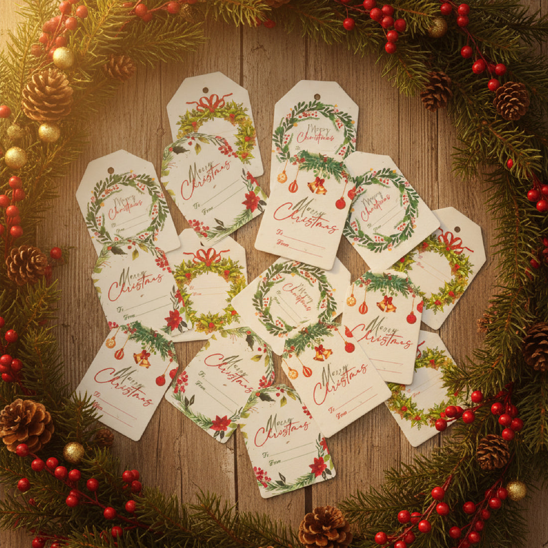 Overhead view of a variety of white Christmas Holiday Gift tags scattered on a wooden surface, surrounded by a festive pine and berry wreath. The tags feature four unique holiday designs, by Seed Bloom Gifts.