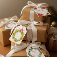 Close-up of four brown wrapped gifts using white ribbon and colorful Christmas Holiday Gift tags by Seed Bloom Gifts.