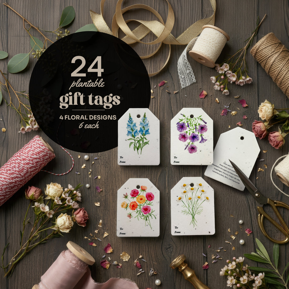 Decorative gift tags with floral patterns and ribbon, named "Bloom Thank You Tags