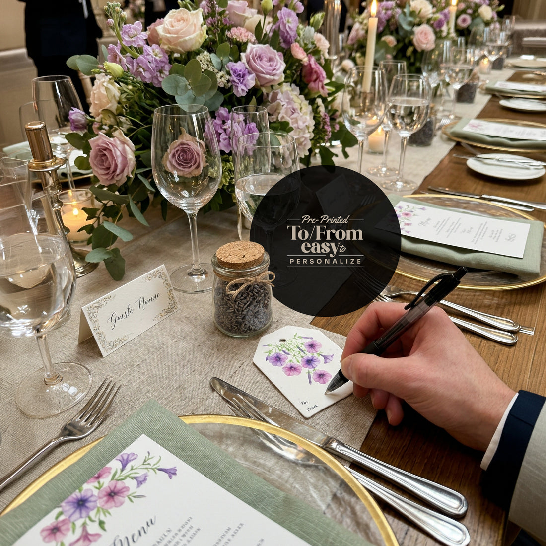A man is seated at a table, writing next to a place card that reads "Bloom Thank You Tags