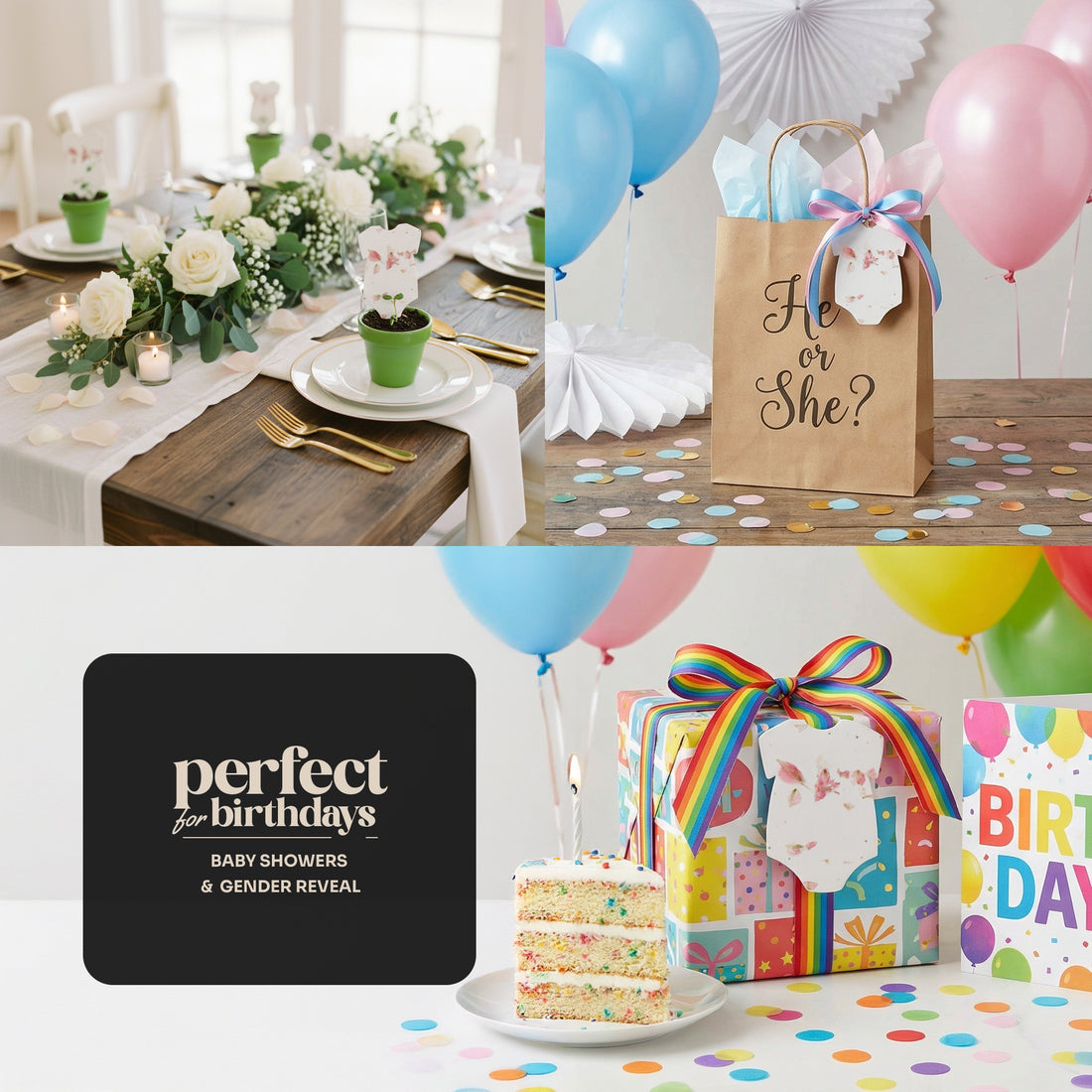 Bloom Plantable Seed Paper Baby Shower Kit perfect for birthdays and gender reveals, displayed at elegant baby shower, gender reveal party, and colorful birthday celebration