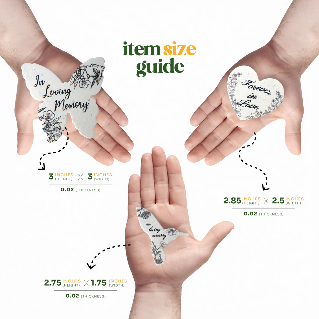 Item size guide showing butterfly and heart-shaped memorials on hands