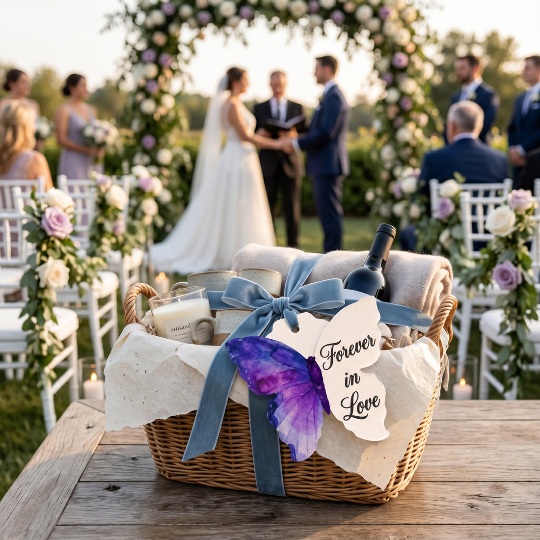 Bloom Wedding Favor butterfly tag on gift basket at ceremony