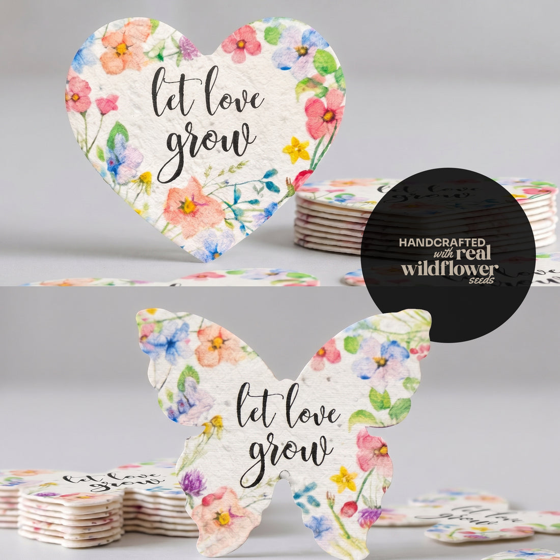 Hearts and Butterfly Favor close-up, handcrafted wildflower seed paper