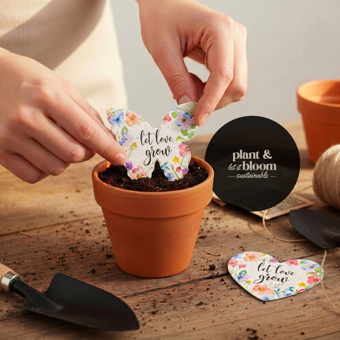 Hearts and Butterfly Favor planted in pot, sustainable seed paper