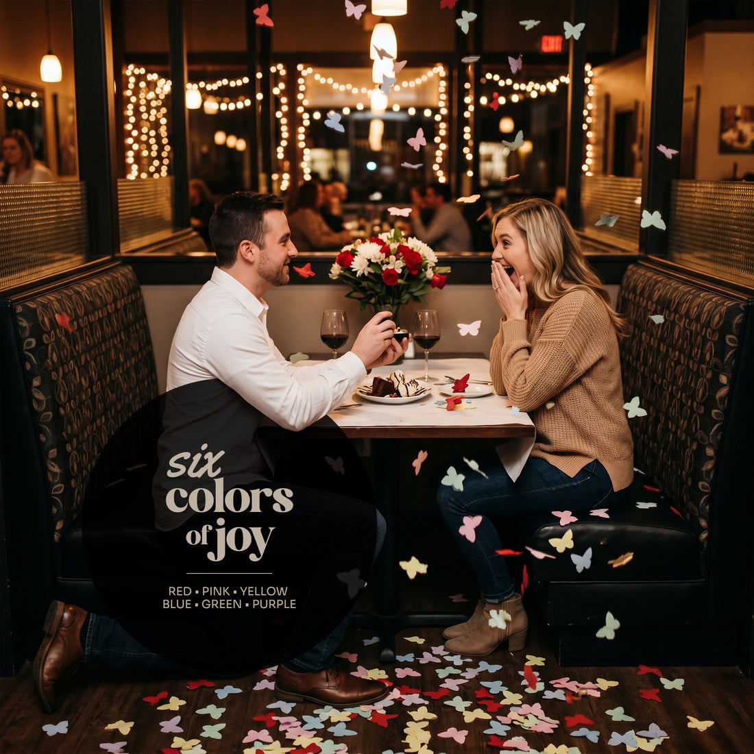 Butterfly Confetti Seed Paper in six colors falling during romantic dinner proposal celebration