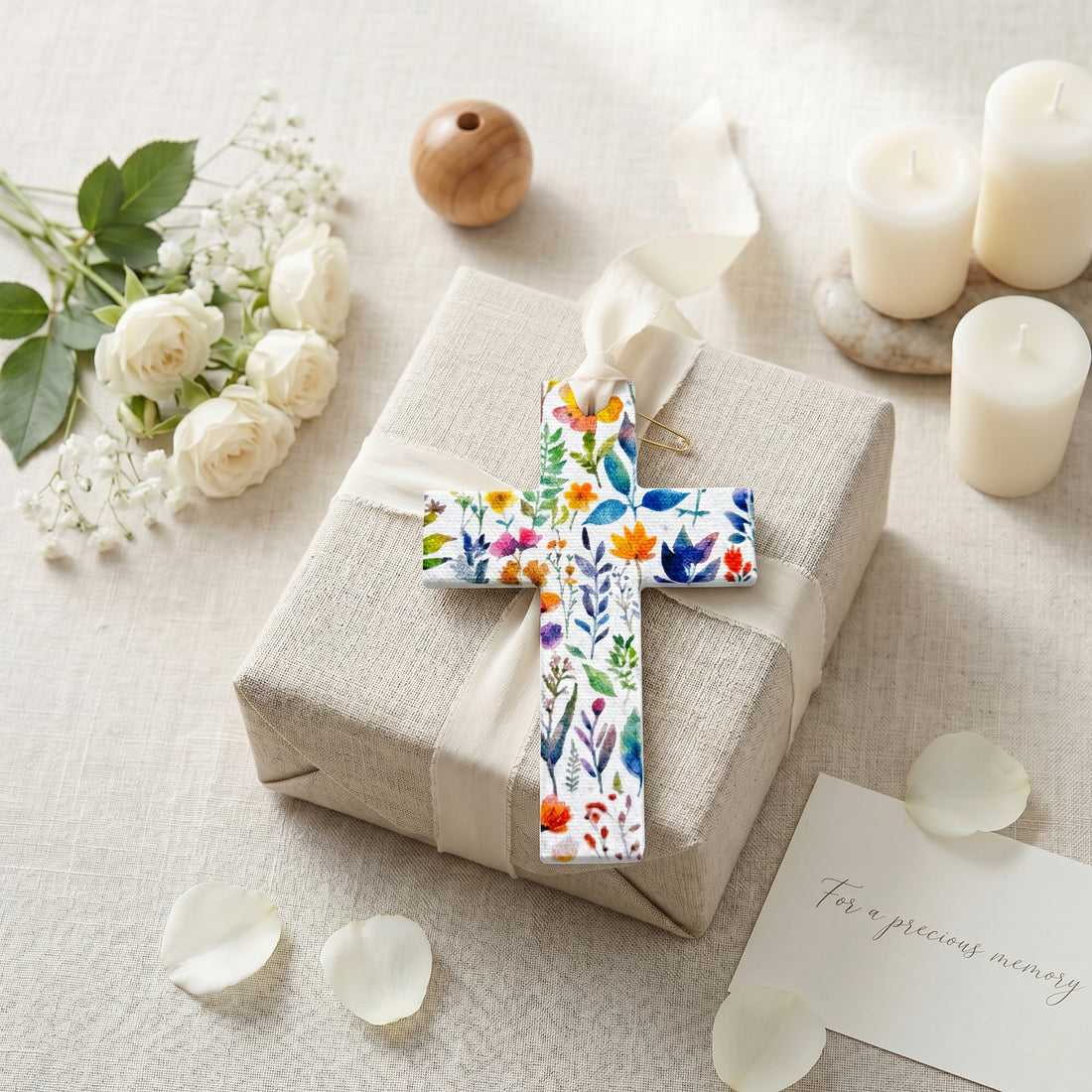 Bloom Cross-Shaped Funeral Favors as memorial gift wrap topper