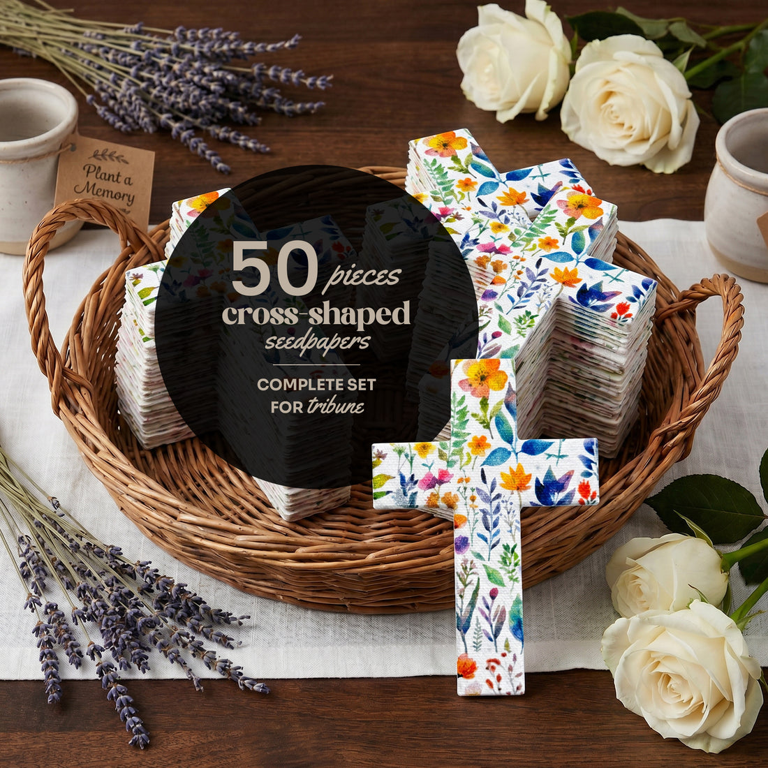 Bloom Cross-Shaped Funeral Favors, 50-piece set with roses and lavender