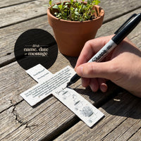 Bloom Cross-Shaped Funeral Favors with planting guide, write a message