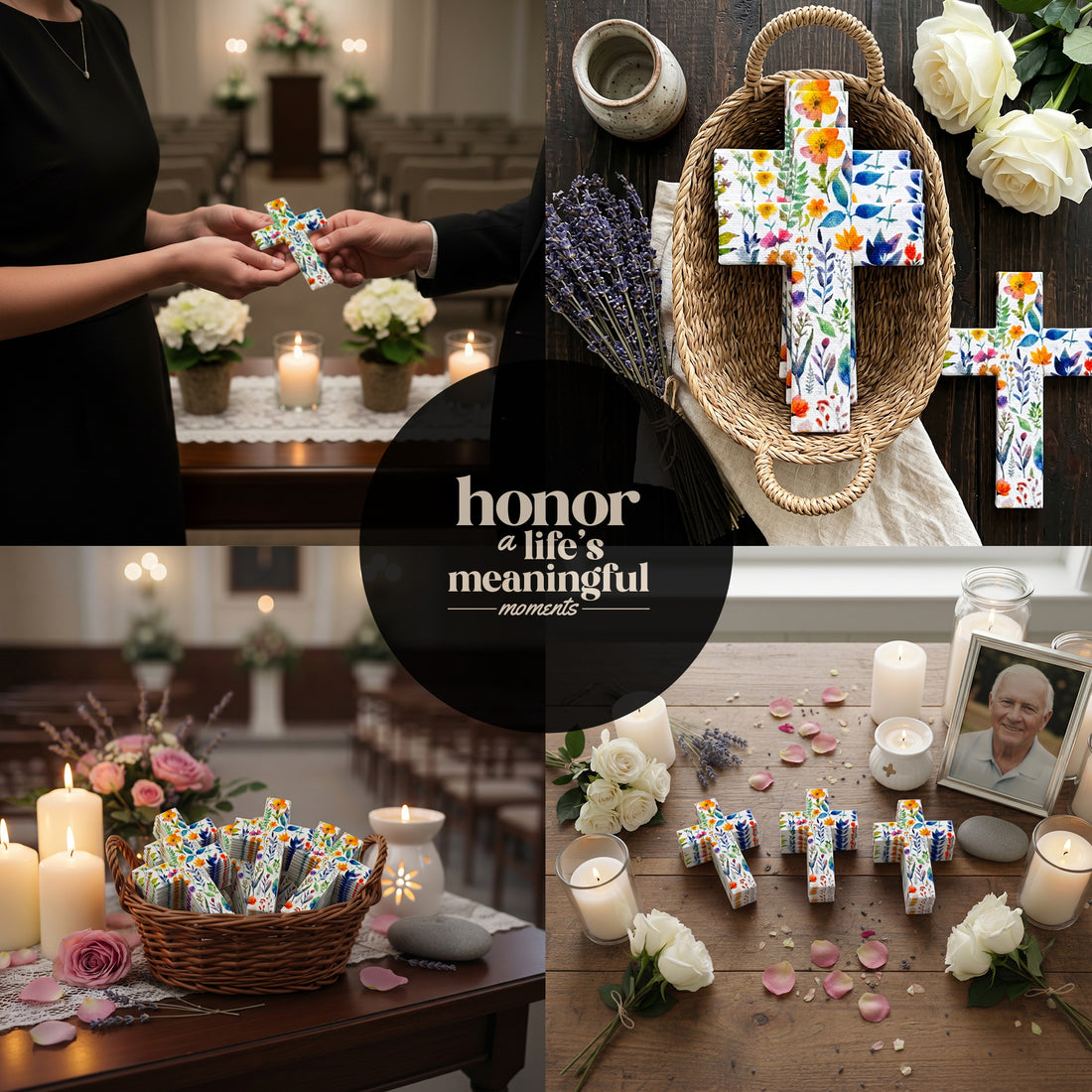 Bloom Cross-Shaped Funeral Favors at memorial service with candles and flowers