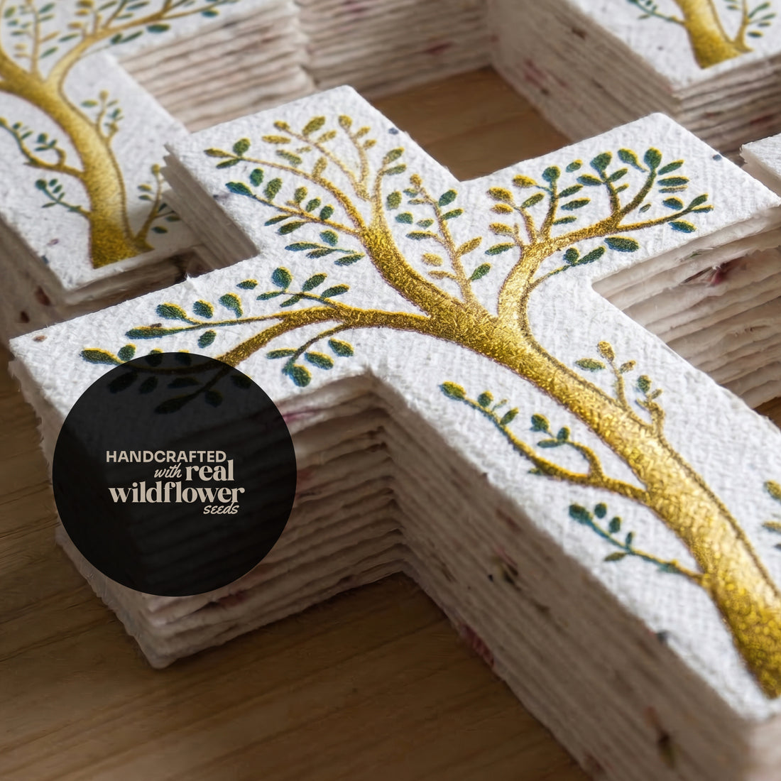 Bloom Cross-Shaped Funeral Favors, Tree of Life seed paper close-up