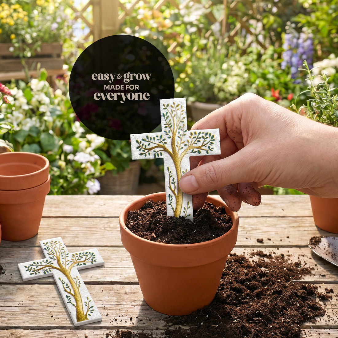 Bloom Cross-Shaped Funeral Favors, Tree of Life planted in pot