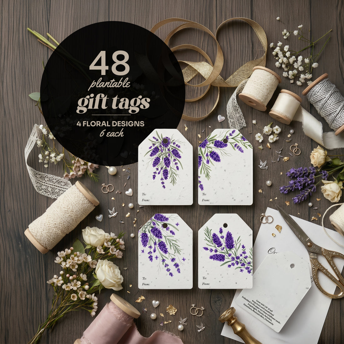 48-piece plantable gift tags set with four floral purple lavender designs (6 each), seed paper tags with personalization