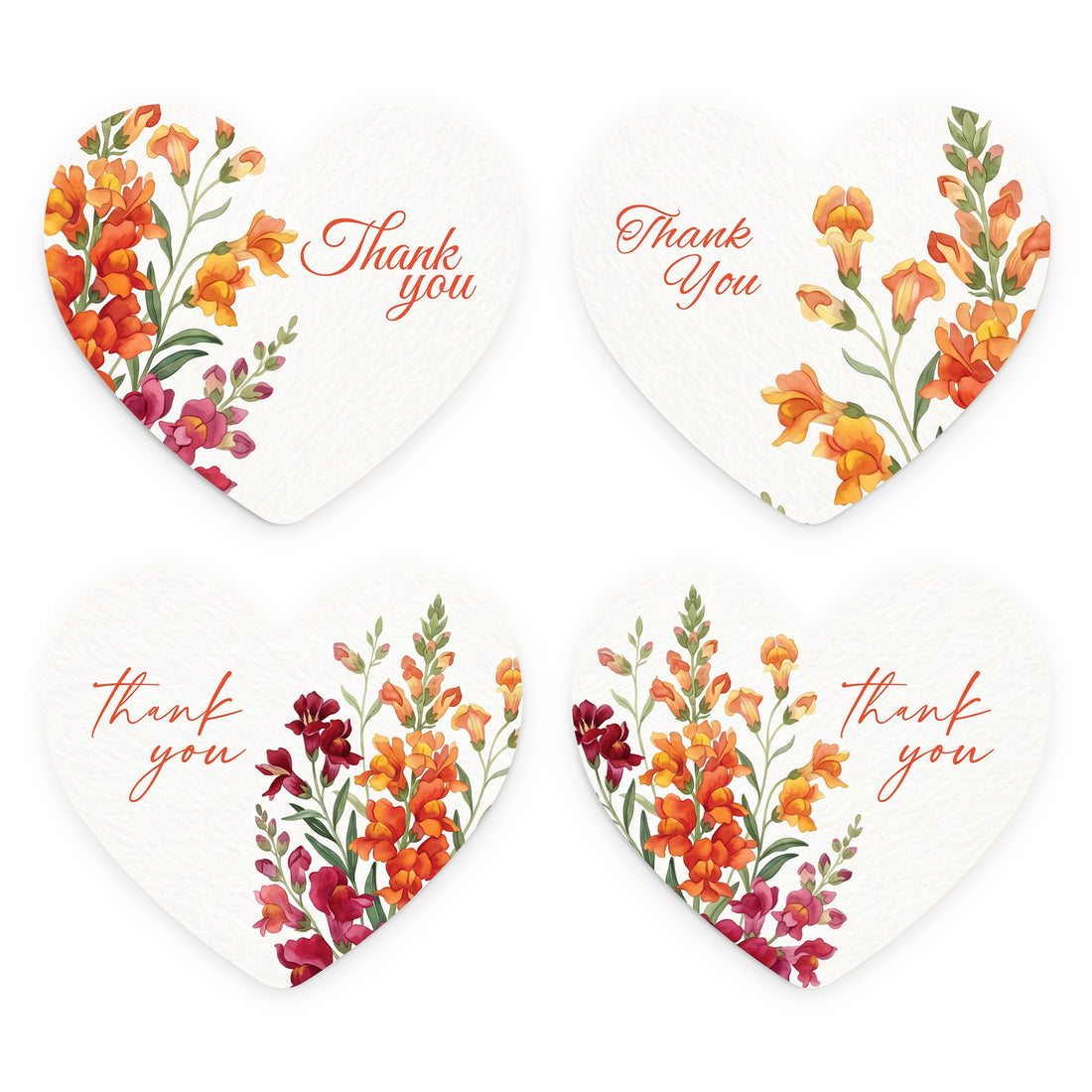 Heart-shaped thank you tags, floral gift tags with snapdragon flowers, orange and burgundy watercolor botanical cards, heart favor tags, greeting stationery