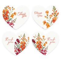Heart-shaped thank you tags, floral gift tags with snapdragon flowers, orange and burgundy watercolor botanical cards, heart favor tags, greeting stationery