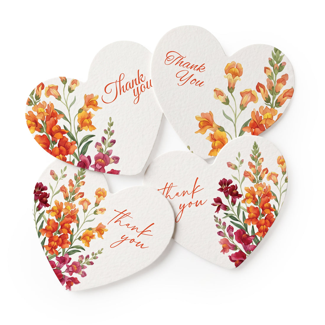 Four heart-shaped floral thank you gift tags with watercolor snapdragons in orange, coral, and burgundy with cursive text