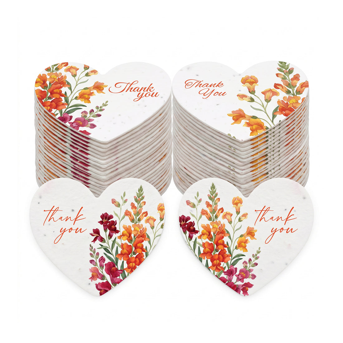 Bulk pack of heart-shaped floral thank you tags with watercolor snapdragon designs, showing multiple stacks and example cards