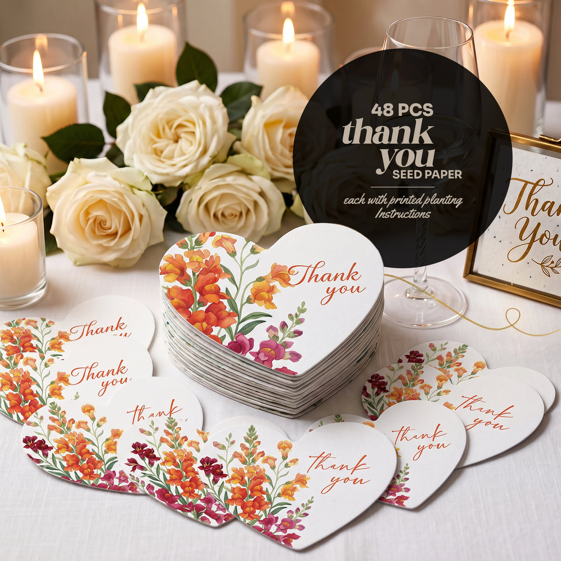 Seed paper thank you tags, heart-shaped plantable thank you cards, 48-piece bulk set, eco-friendly seed paper favors, botanical floral thank you tags, wedding guest favors with planting instructions
