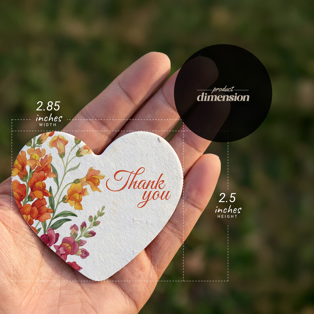 Heart-shaped thank you tag size guide, floral seed paper card dimensions, product scale reference photo, 2.85 inch thank you cards, small gift tag sizing